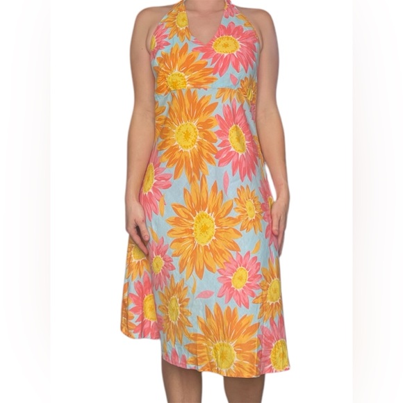 Liz Claiborne 100% linen Floral Midi Dress, halter top- Orange and Pink, Size 10 - Picture 11 of 12